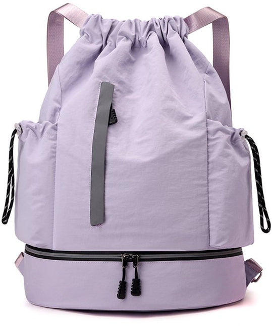 Drawstring Backpack - Waterproof Sports Bag - Lightweight Sports Backpack - With Shoe Compartment - Unisex - Suitable for Basketball, Football, Swimming and Travel - Purple.