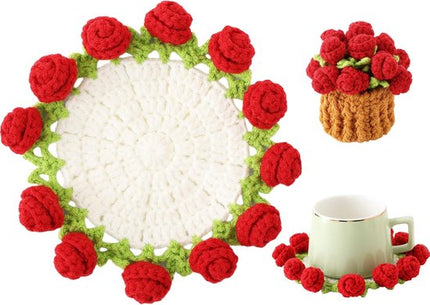 Coasters - Mini Basket Included - Floral Coasters - Vintage Rose Design - Suitable for coffee tables, weddings, housewarming parties, birthdays, etc.（Red）.
