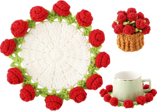 Coasters - Mini Basket Included - Floral Coasters - Vintage Rose Design - Suitable for coffee tables, weddings, housewarming parties, birthdays, etc.（Red）.