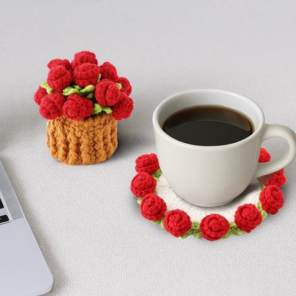 Coasters - Mini Basket Included - Floral Coasters - Vintage Rose Design - Suitable for coffee tables, weddings, housewarming parties, birthdays, etc.（Red）.