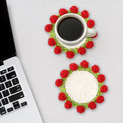 Coasters - Mini Basket Included - Floral Coasters - Vintage Rose Design - Suitable for coffee tables, weddings, housewarming parties, birthdays, etc.（Red）.