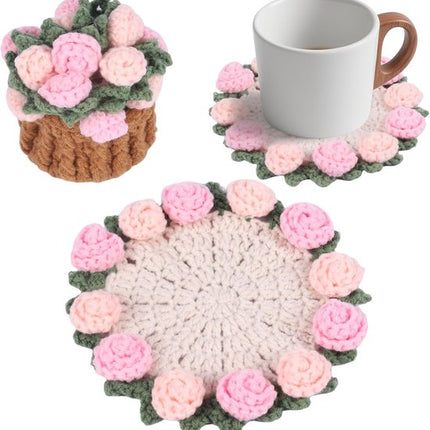 Coasters - Mini Basket Included - Floral Coasters - Vintage Rose Design - Suitable for coffee tables, weddings, housewarming parties, birthdays, etc.（Pink）.