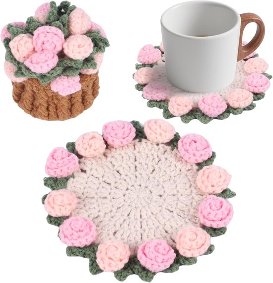 Coasters - Mini Basket Included - Floral Coasters - Vintage Rose Design - Suitable for coffee tables, weddings, housewarming parties, birthdays, etc.（Pink）.