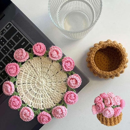 Coasters - Mini Basket Included - Floral Coasters - Vintage Rose Design - Suitable for coffee tables, weddings, housewarming parties, birthdays, etc.（Pink）.