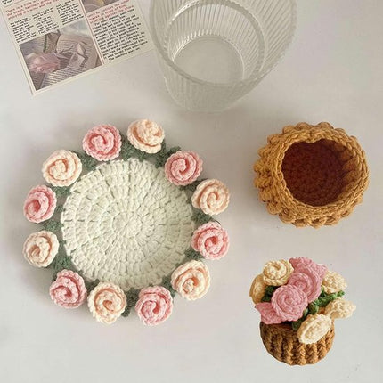 Coasters - Mini Basket Included - Floral Coasters - Vintage Rose Design - Suitable for coffee tables, weddings, housewarming parties, birthdays, etc.（Pink）.