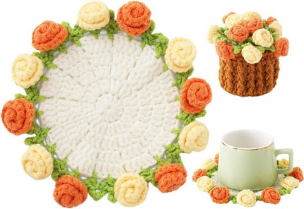 Coasters - Mini Basket Included - Floral Coasters - Vintage Rose Design - Suitable for coffee tables, weddings, housewarming parties, birthdays, etc.（Yellow）.