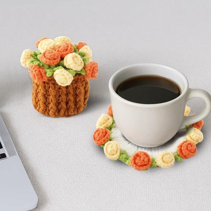 Coasters - Mini Basket Included - Floral Coasters - Vintage Rose Design - Suitable for coffee tables, weddings, housewarming parties, birthdays, etc.（Yellow）.