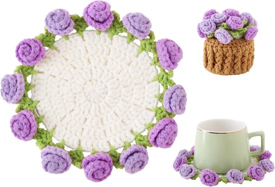 Coasters - Mini Basket Included - Floral Coasters - Vintage Rose Design - Suitable for coffee tables, weddings, housewarming parties, birthdays, etc.（Purple）.