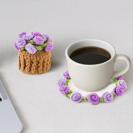 Coasters - Mini Basket Included - Floral Coasters - Vintage Rose Design - Suitable for coffee tables, weddings, housewarming parties, birthdays, etc.（Purple）.