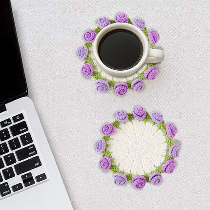 Coasters - Mini Basket Included - Floral Coasters - Vintage Rose Design - Suitable for coffee tables, weddings, housewarming parties, birthdays, etc.（Purple）.