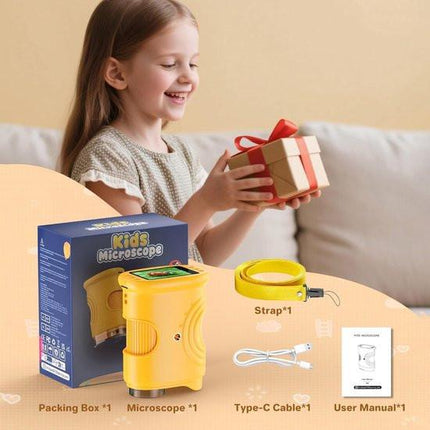 1000x Digital Children's Microscope - With 2 Inch IPS Screen & 8 LED Lights - Handy & Easy to Use for Nature Research - Yellow.