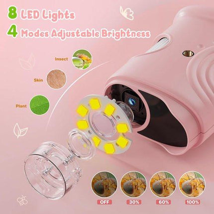1000x Digital Children's Microscope - With 2 Inch IPS Screen & 8 LED Lights - Handy & Easy to Use for Nature Research - Pink.