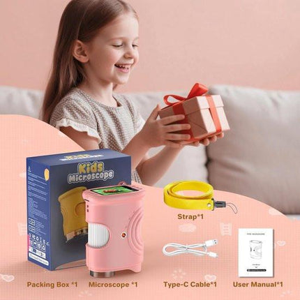 1000x Digital Children's Microscope - With 2 Inch IPS Screen & 8 LED Lights - Handy & Easy to Use for Nature Research - Pink.