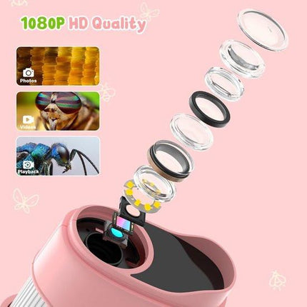 1000x Digital Children's Microscope - With 2 Inch IPS Screen & 8 LED Lights - Handy & Easy to Use for Nature Research - Pink.