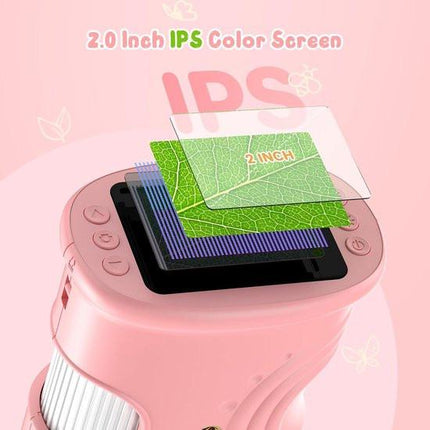 1000x Digital Children's Microscope - With 2 Inch IPS Screen & 8 LED Lights - Handy & Easy to Use for Nature Research - Pink.
