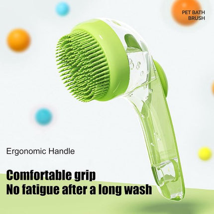Dog Wash Brush with Soap Dispenser - Long Handle & Soft Massage Head - For Efficient Coat Care.
