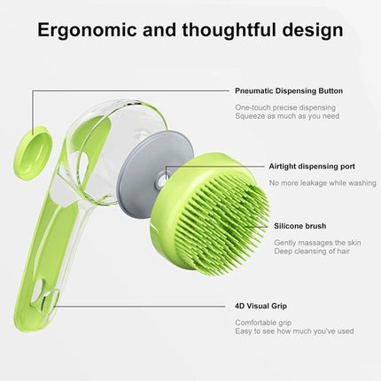 Dog Wash Brush with Soap Dispenser - Long Handle & Soft Massage Head - For Efficient Coat Care.