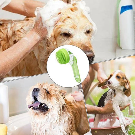 Dog Wash Brush with Soap Dispenser - Long Handle & Soft Massage Head - For Efficient Coat Care.