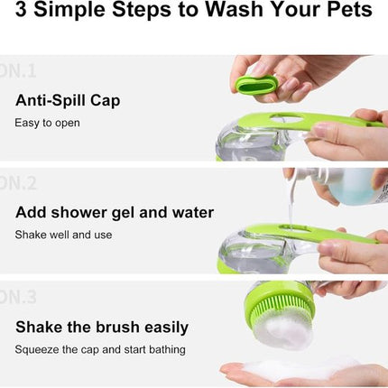 Dog Wash Brush with Soap Dispenser - Long Handle & Soft Massage Head - For Efficient Coat Care.