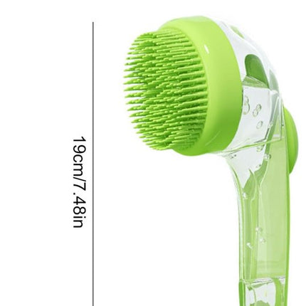 Dog Wash Brush with Soap Dispenser - Long Handle & Soft Massage Head - For Efficient Coat Care.