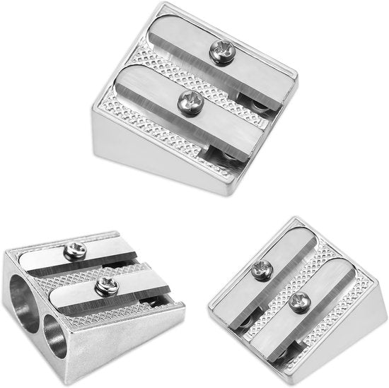 Pencil Sharpener - 3-Piece - Double Hole Pencil Sharpener - Portable Manual Pencil Sharpener - Suitable for Children, Home, School and Office - Silver.