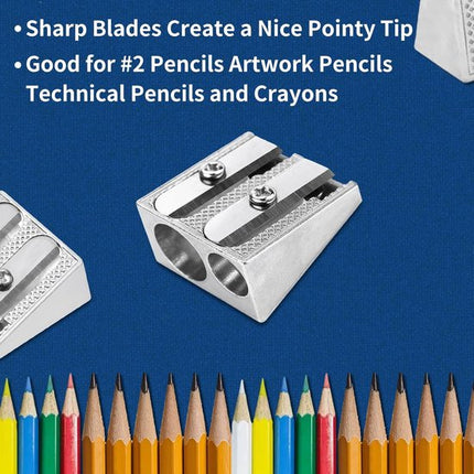 Pencil Sharpener - 3-Piece - Double Hole Pencil Sharpener - Portable Manual Pencil Sharpener - Suitable for Children, Home, School and Office - Silver.