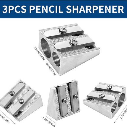 Pencil Sharpener - 3-Piece - Double Hole Pencil Sharpener - Portable Manual Pencil Sharpener - Suitable for Children, Home, School and Office - Silver.