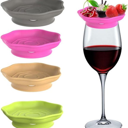Wine Glass and Snack Tray - 4 Pieces - Draining Silicone Wine Glass and Snack Tray - Non-Slip Lid Coaster - Suitable for appetizers, desserts, family gatherings, and bars.