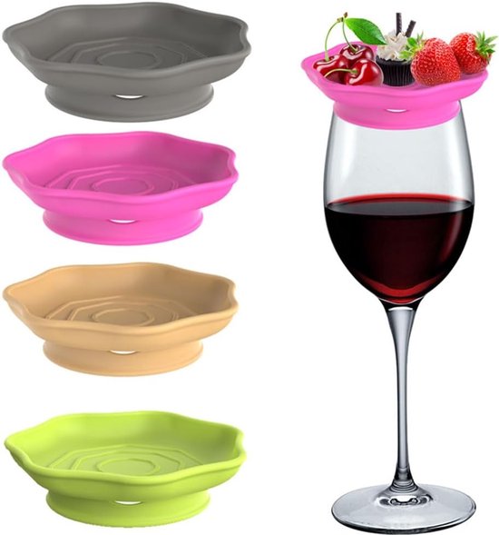 Wine Glass and Snack Tray - 4 Pieces - Draining Silicone Wine Glass and Snack Tray - Non-Slip Lid Coaster - Suitable for appetizers, desserts, family gatherings, and bars.