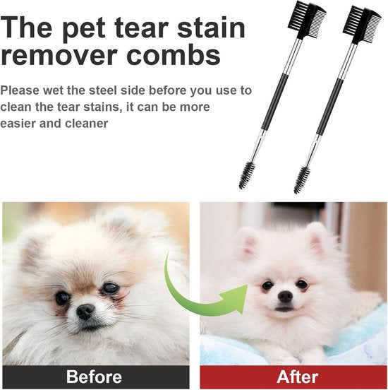 Pet Grooming Comb - 2-Piece Set - Tear Stain Removal Comb for Dogs - Double-Sided Eye Brush for Dogs - Pet Cleaning and Grooming Comb - Pet Eyelash Comb.