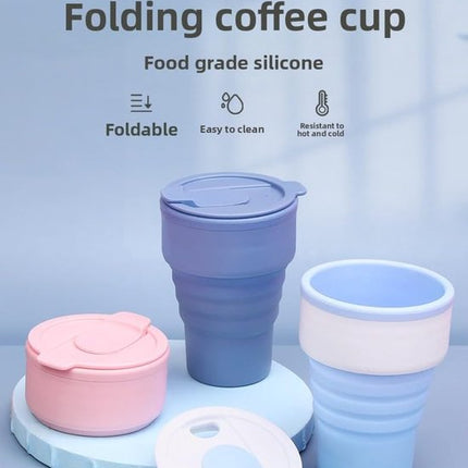 Collapsible Silicone Camping Cup – 385ml – Travel and Drinking Cup with Lid, Dishwasher Safe – Ideal for Camping, Hiking and Office (White).