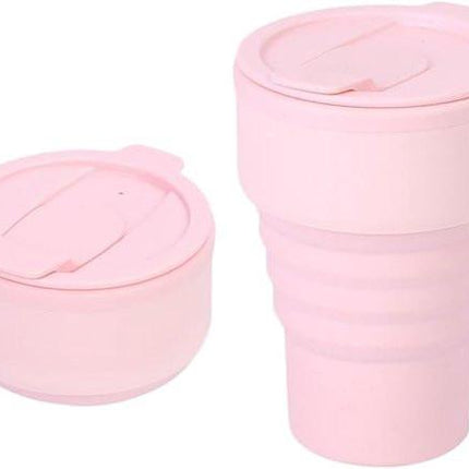 Collapsible Silicone Camping Mug – 385ml – Travel and Drinking Mug with Lid, Dishwasher Safe – Ideal for Camping, Hiking and Office (Pink).