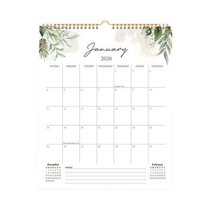 Calendar 2026 - Hangable 12 Months - Calendar - With wire-o-binding - Yearly calendar - Monthly planner - Wall calendar - 37 x 30cm - Green branches and leaves.