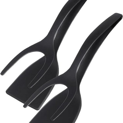 Set of 2 Food Tongs - 2-in-1 Flipper/Deep Fryer - Egg Flipper - Spatula with Clip - Egg Flipper, Kitchen Tools for Home - Black.