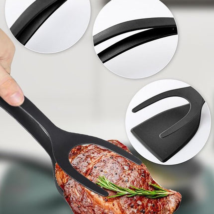 Set of 2 Food Tongs - 2-in-1 Flipper/Deep Fryer - Egg Flipper - Spatula with Clip - Egg Flipper, Kitchen Tools for Home - Black.