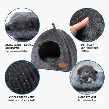 Tents Pet Bed - With Removable & Washable Cushion - Warm & Soft Fleece Fabric - For Cats & Small Dogs.