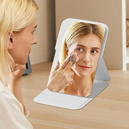 Frameless High Definition Makeup Mirror - Foldable Travel Mirror - Portable Makeup Mirror with Soft PU Leather Cover - Suitable for Bedroom, Bathroom & Travel（White）.