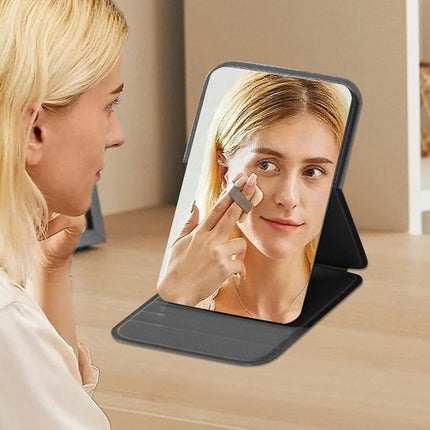 High Definition Frameless Makeup Mirror - Foldable Travel Mirror - Portable Makeup Mirror with Soft PU Leather Cover - Suitable for Bedroom, Bathroom & Travel（Black）.