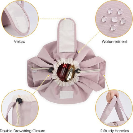 Foldable Drawstring Makeup Bag - Multifunctional Portable Travel Storage Bag for Cosmetics, Toiletry Bags & Accessories, Compact Durable Fabric Bag for Living Room, Shower Table & Travel（Pink）.