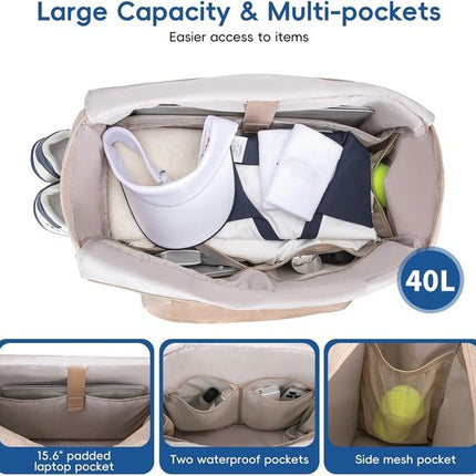 Tennis Bag – Extra Large Sports Bag with Shoe Compartment – Suitable for 2-4 Rackets – Waterproof and Lightweight – Unisex（Beige）.