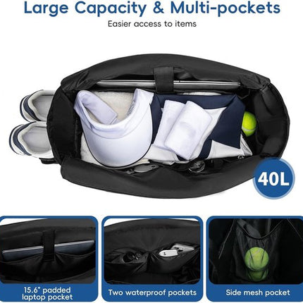 Tennis Bag – Extra Large Sports Bag with Shoe Compartment – Suitable for 2-4 Rackets – Waterproof and Lightweight – Unisex（Black）.