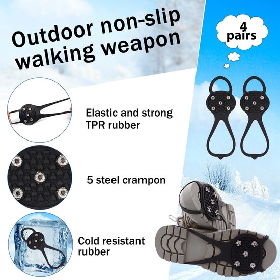 Snow boots with non-slip soles - Set of 4 - Safe walking on icy and snowy roads - Suitable for size L (35-45) - Non-slip studs - Suitable for winter walking, hiking, jogging, strolling and mountaineering.