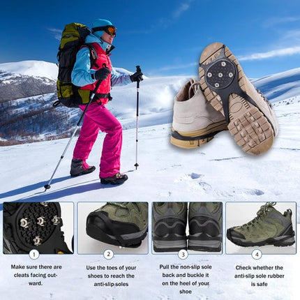 Snow boots with non-slip soles - Set of 4 - Safe walking on icy and snowy roads - Suitable for size L (35-45) - Non-slip studs - Suitable for winter walking, hiking, jogging, strolling and mountaineering.