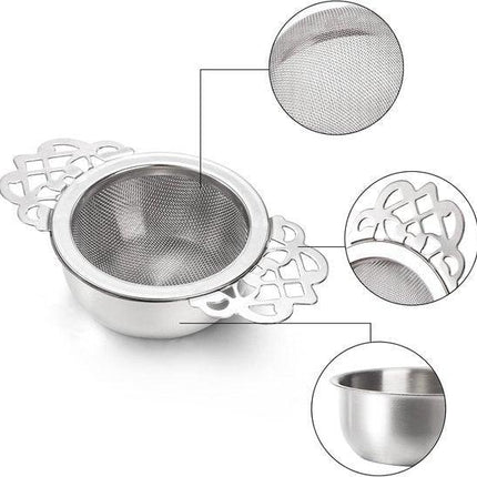 Tea Strainer - 2-piece set - Stainless steel tea infuser - Tea steeper with handle and drip cup - 6.5 cm - Mesh tea filter.