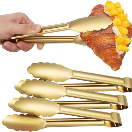 Bread Tongs - 4-Piece Set - Kitchen Tongs for Home Use - Gold Stainless Steel Serving Tongs - Grill Tongs - Steak Tongs - Kitchen Tongs - For Cooking, Salads, Buffets, Appetizers and Desserts.