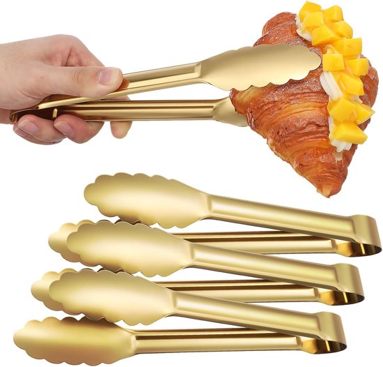 Bread Tongs - 4-Piece Set - Kitchen Tongs for Home Use - Gold Stainless Steel Serving Tongs - Grill Tongs - Steak Tongs - Kitchen Tongs - For Cooking, Salads, Buffets, Appetizers and Desserts.