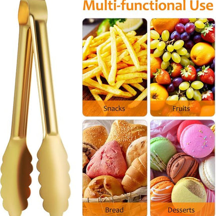Bread Tongs - 4-Piece Set - Kitchen Tongs for Home Use - Gold Stainless Steel Serving Tongs - Grill Tongs - Steak Tongs - Kitchen Tongs - For Cooking, Salads, Buffets, Appetizers and Desserts.