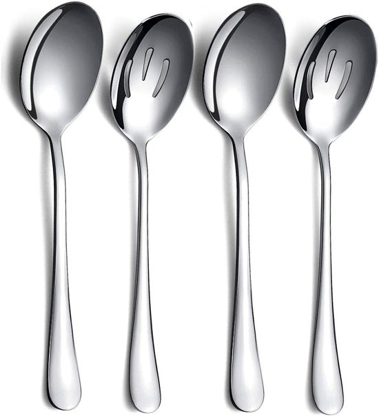 Spoons - 4-piece set - Stainless steel salad spoons - Includes 2 serving spoons and 2 skimmers - Suitable for desserts and coffee.