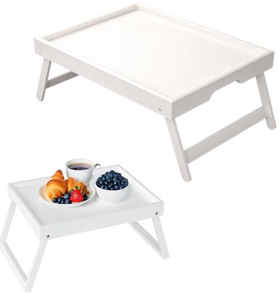 Folding table - Multifunctional folding table for home - Folding bamboo bedside table - Can be used as a dining table, TV table, laptop table, snack table, sofa table or work table - White.