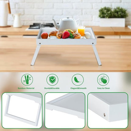 Folding table - Multifunctional folding table for home - Folding bamboo bedside table - Can be used as a dining table, TV table, laptop table, snack table, sofa table or work table - White.
